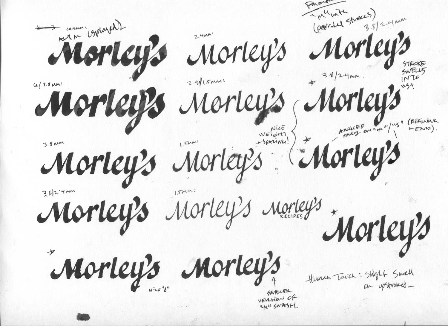 morley's logo design process showcasing written calligraphy options in a variety of weights