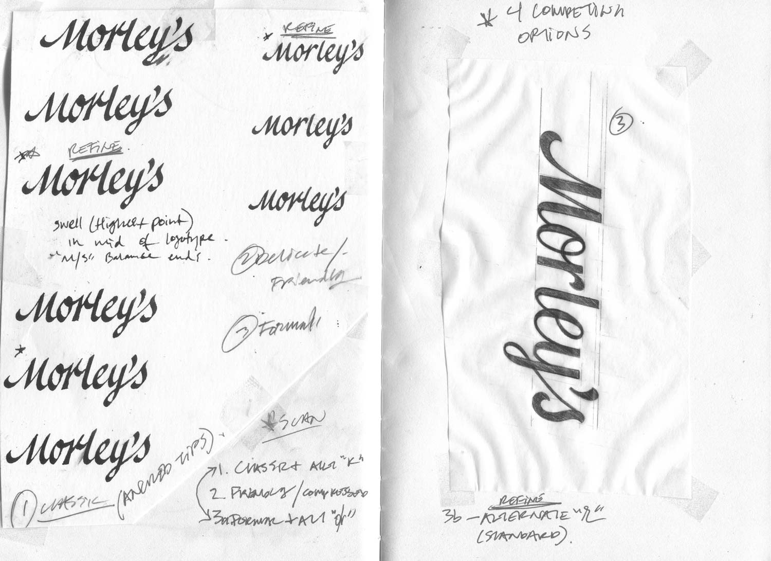 morley's logo design process showcasing calligraphy and a refined pencil illustration