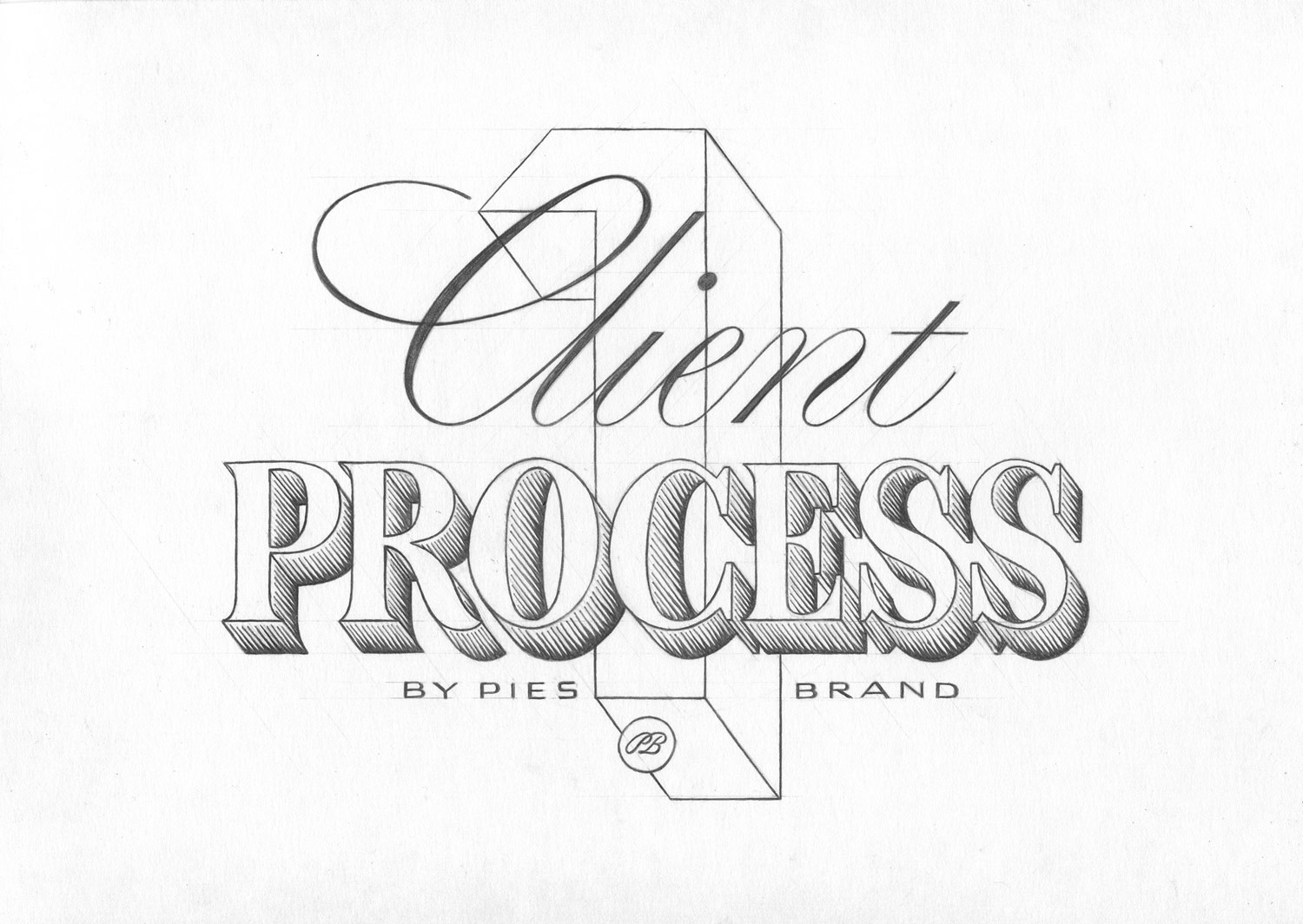 part one header illustration hand-lettering scan reading client process in custom typography with elaborate effects